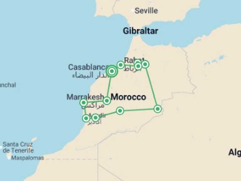 Map itinerary of Mediterranean Tour in July 2026 with 8 destination visits for the trip: Casablanca to Marrakech With Essaouira - 12 days