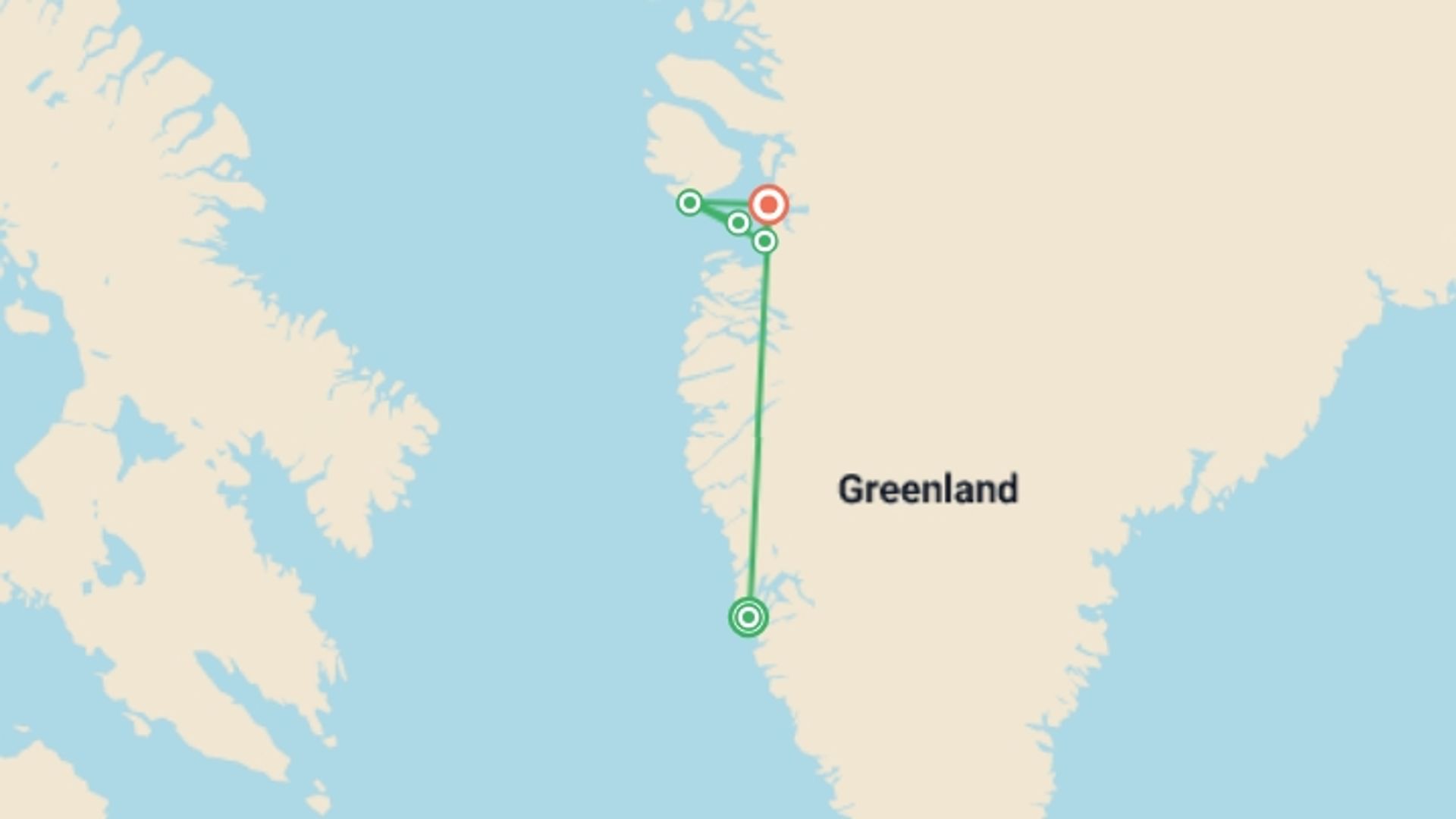 A map showing the tour itinerary for the trip: Greenland Expedition, starting in Nuuk, Greenland and ending in Ilulissat, Greenland going through 3 other destinations.