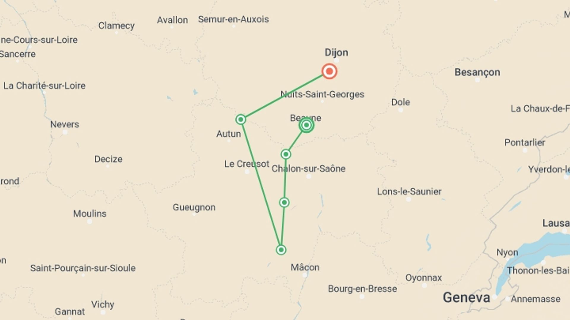 A map showing the tour itinerary for the trip: Burgundy Canals and Vineyards, starting in Beaune, France and ending in Bourgogne-Franche-Comté, France going through 4 other destinations.