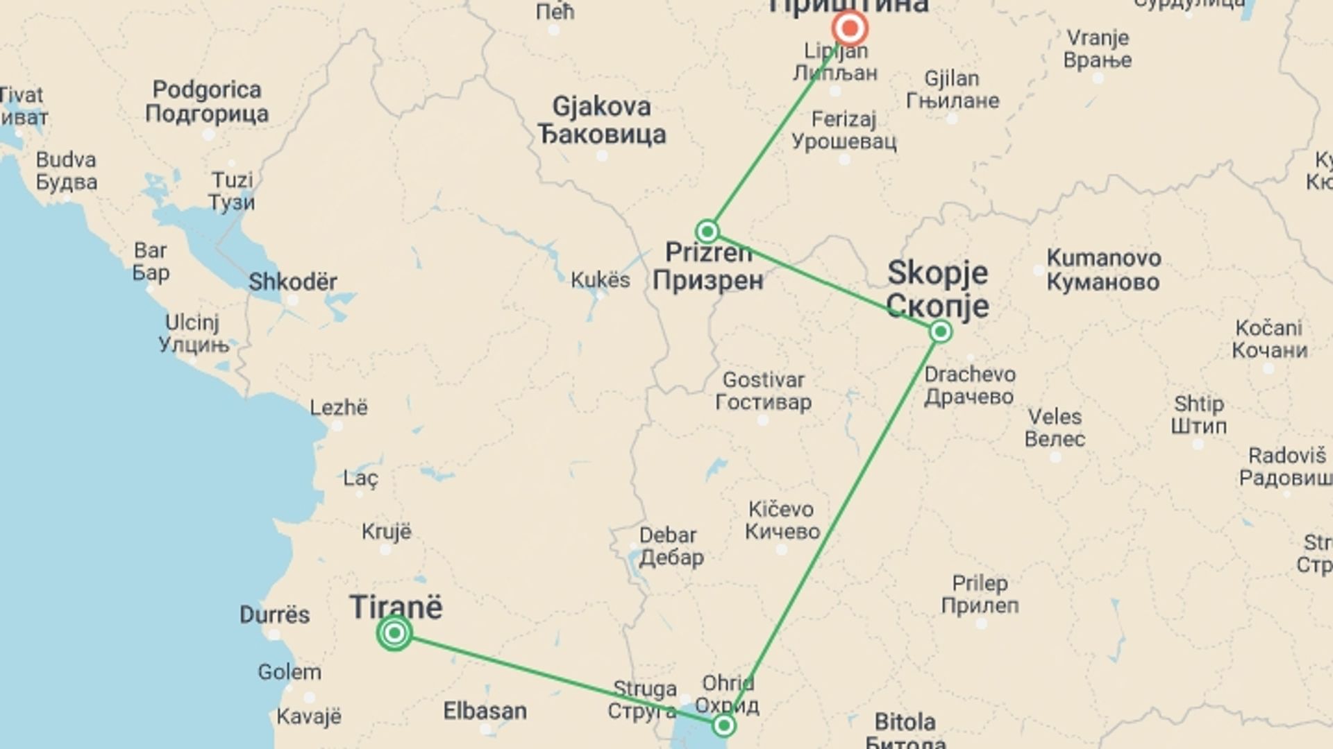 A map showing the tour itinerary for the trip: Kosovo & Macedonia Adventure: Tirana to Pristina, starting in Tirana, Albania and ending in Pristina, Kosovo going through 3 other destinations.