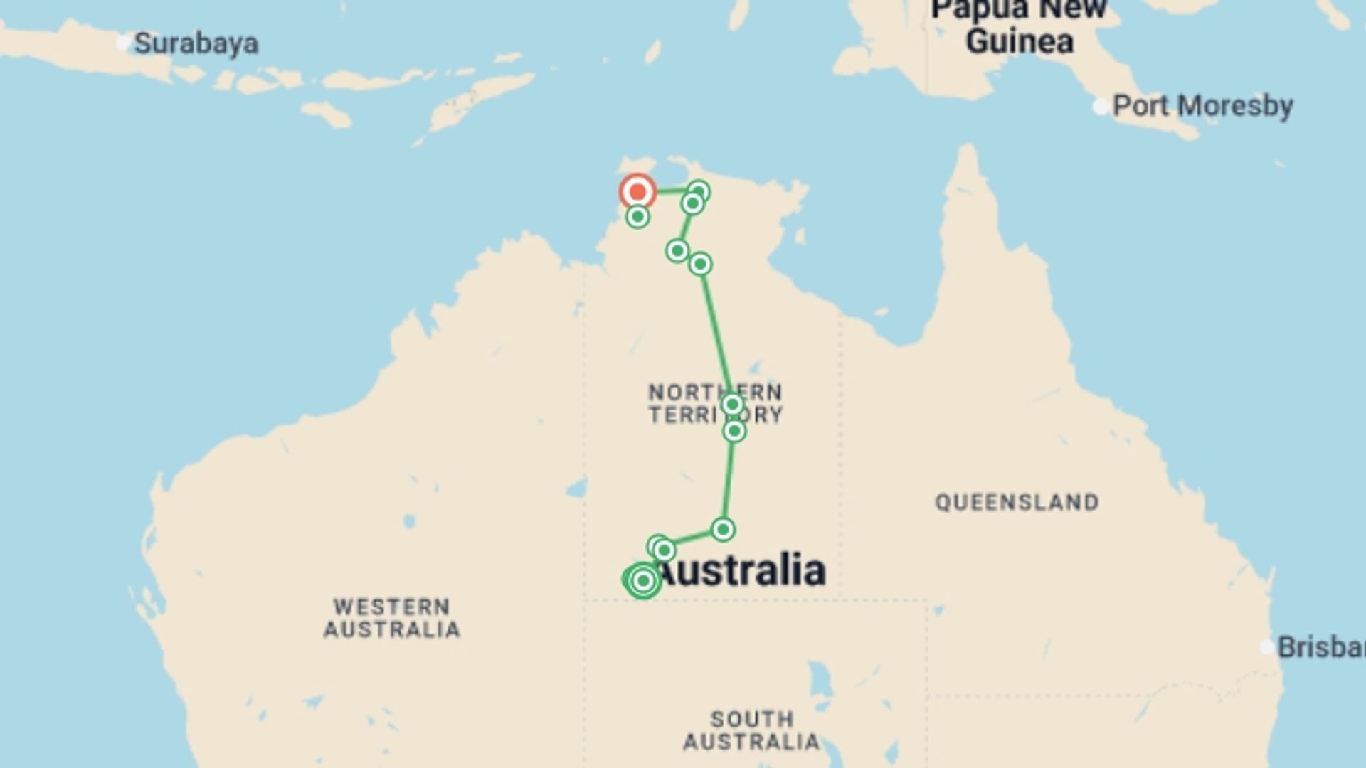 A map showing the tour itinerary for the trip: Outback Safari, starting in Uluru Kata-Tjuta National Park, Australia and ending in Darwin, Australia going through 7 other destinations.