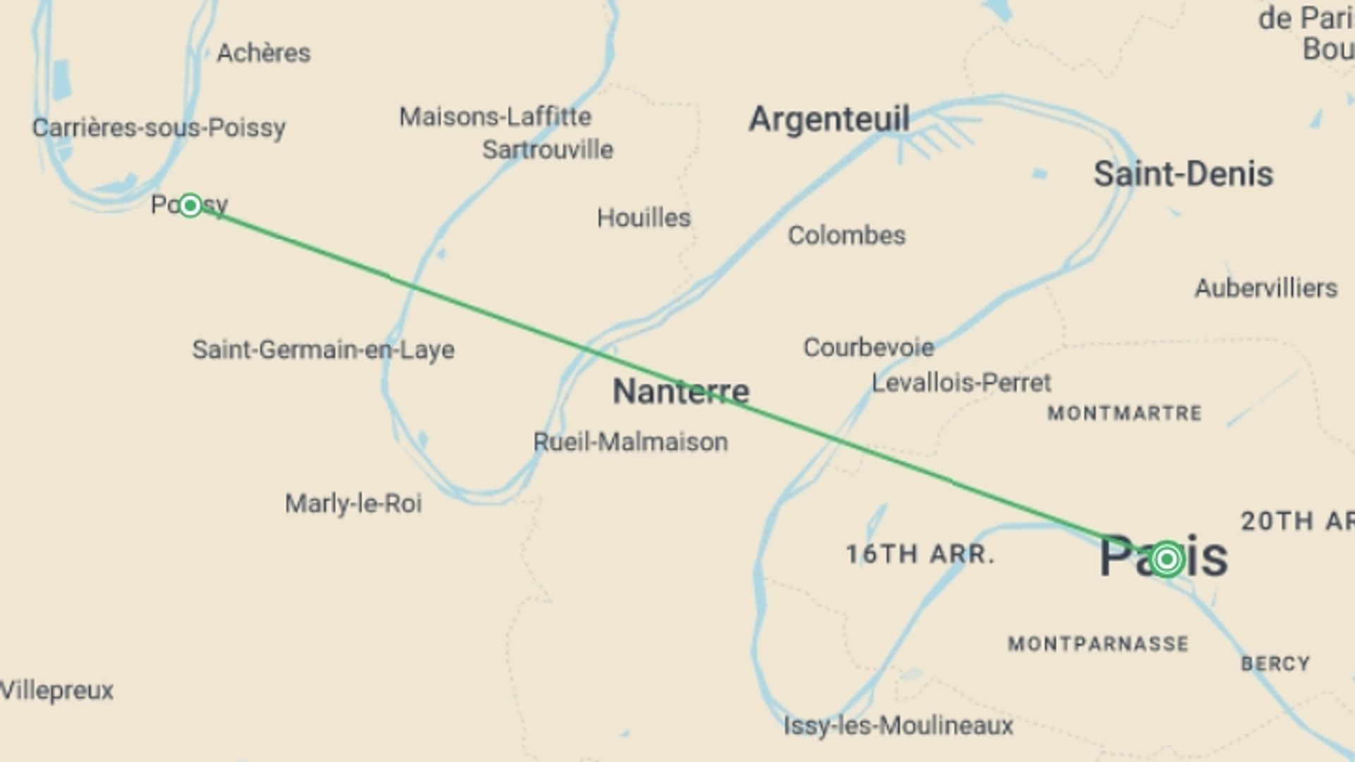 A map showing the tour itinerary for the trip: Festive Weekend on the Seine River (port-to-port cruise), starting in Paris, France and ending in Paris, France going through 1 other destinations.
