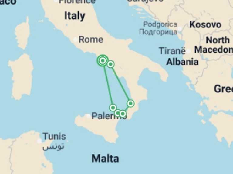 Map itinerary of Italy Tour in Winter with 5 destination visits for the trip: A Mediterranean Christmas - Naples, the Amalfi Coast & Sicily (port-to-port package)