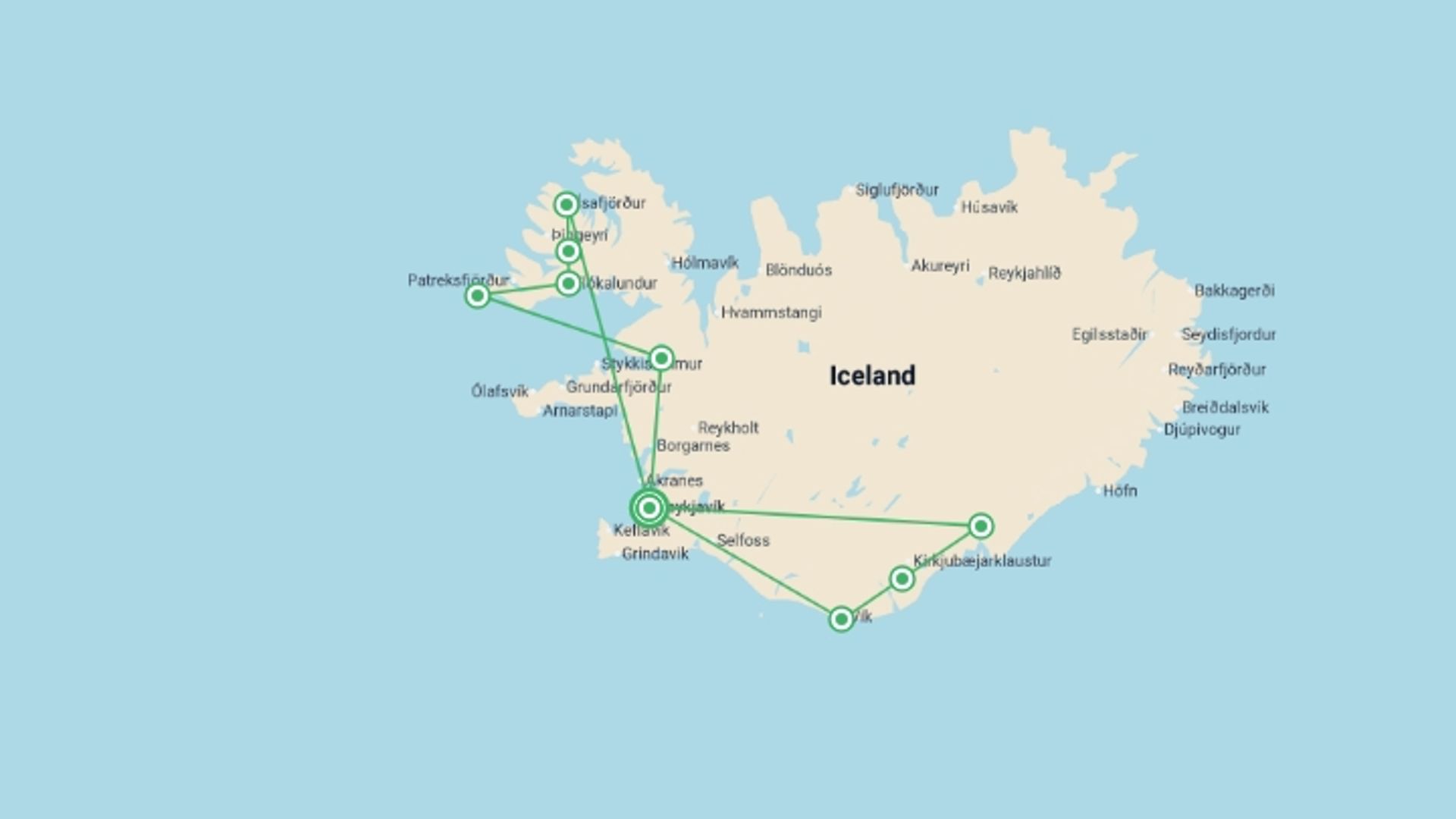 A map showing the tour itinerary for the trip: South Coast to Westfjords Expedition - 6 days, starting in Reykjavik, Iceland and ending in Reykjavik, Iceland going through 1 other destinations.