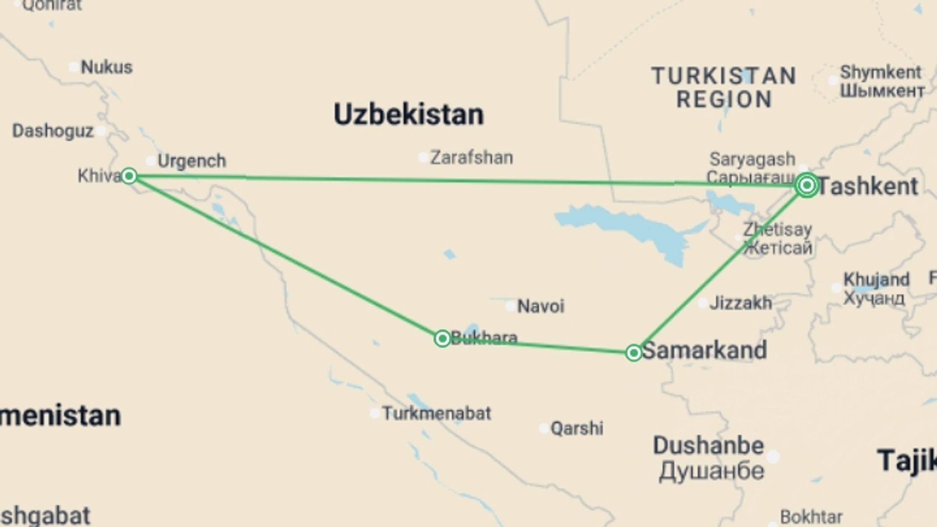 A map showing the tour itinerary for the trip: Highlights of Uzbekistan - 10 days, starting in Tashkent, Uzbekistan and ending in Tashkent, Uzbekistan going through 3 other destinations.