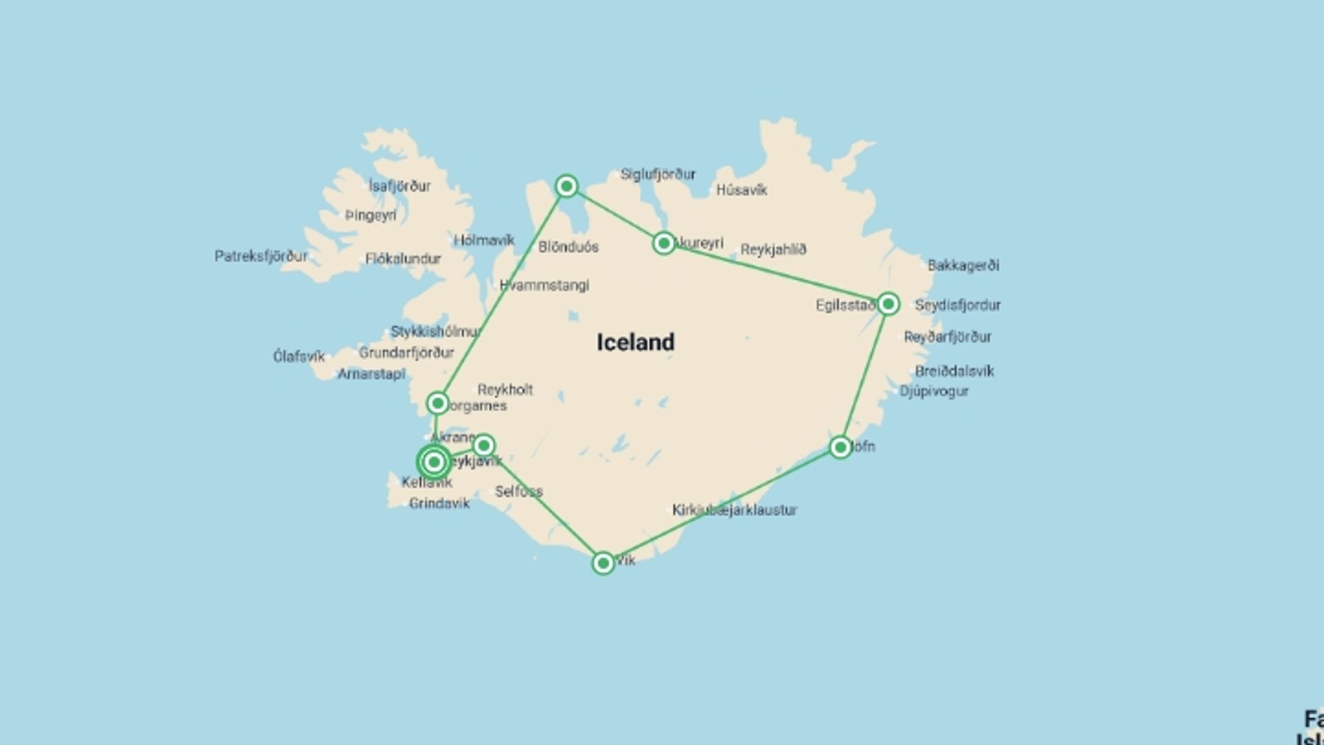 A map showing the tour itinerary for the trip: Iceland Explorer Self Drive Summer, starting in Reykjavik, Iceland and ending in Reykjavik, Iceland going through 7 other destinations.