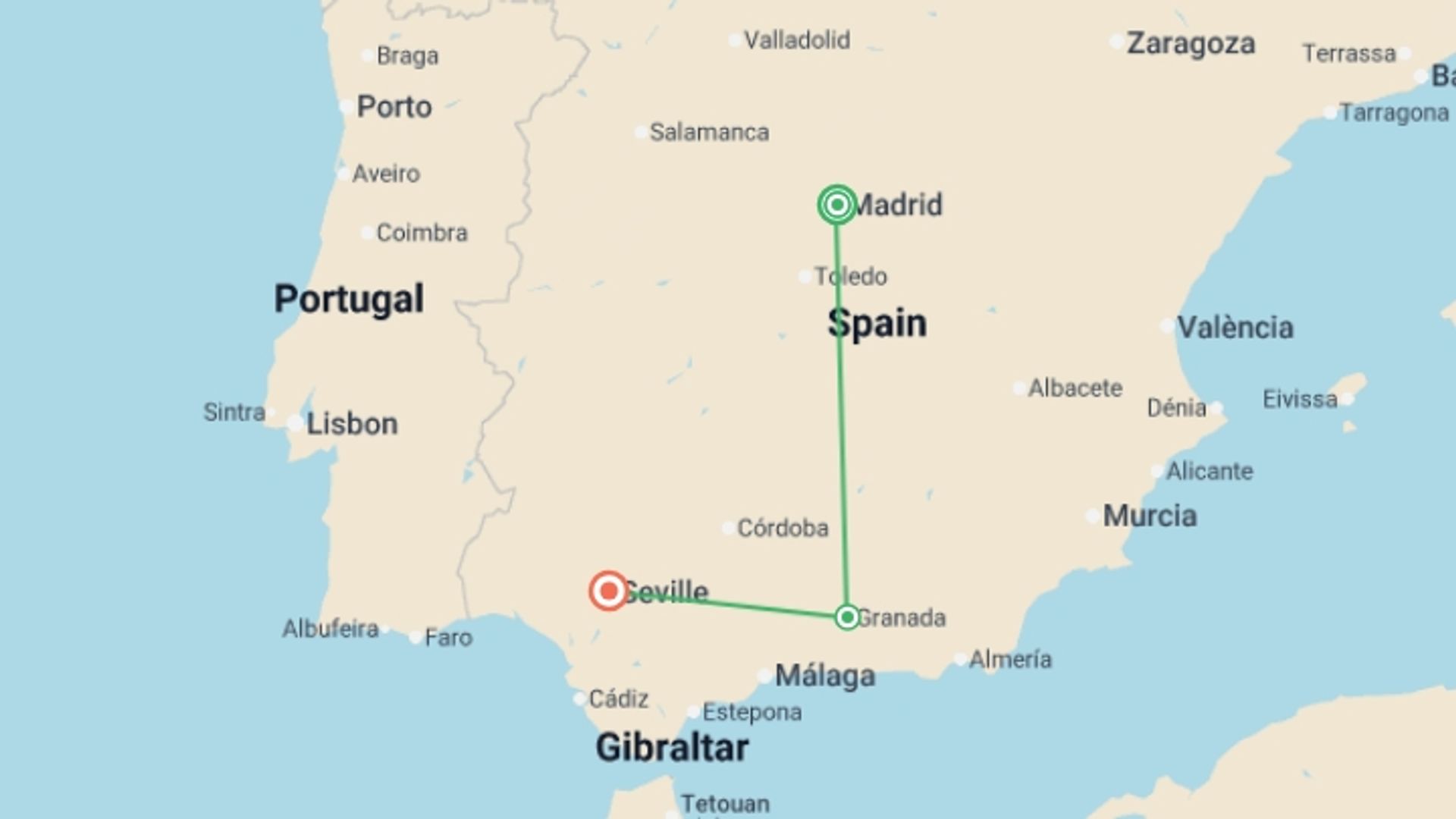 A map showing the tour itinerary for the trip: Madrid and Andalusia (without Alhambra) GO, starting in Madrid, Spain and ending in Seville, Spain going through 1 other destinations.