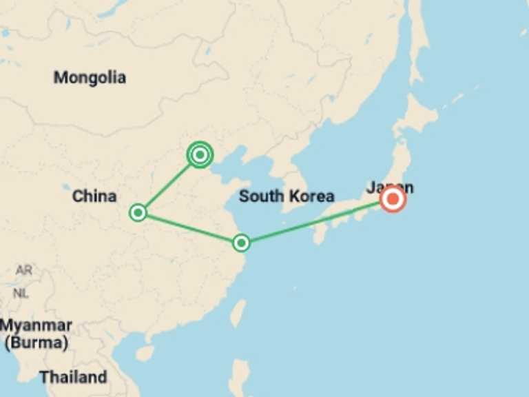 Map itinerary of Asia Tour in October 2026 with 4 destination visits for the trip: China & Japan Express (Standard) - 12 days