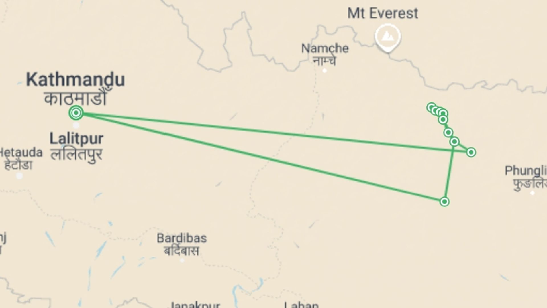 A map showing the tour itinerary for the trip: Makalu Base camp Trek, starting in Kathmandu, Nepal and ending in Kathmandu, Nepal going through 10 other destinations.