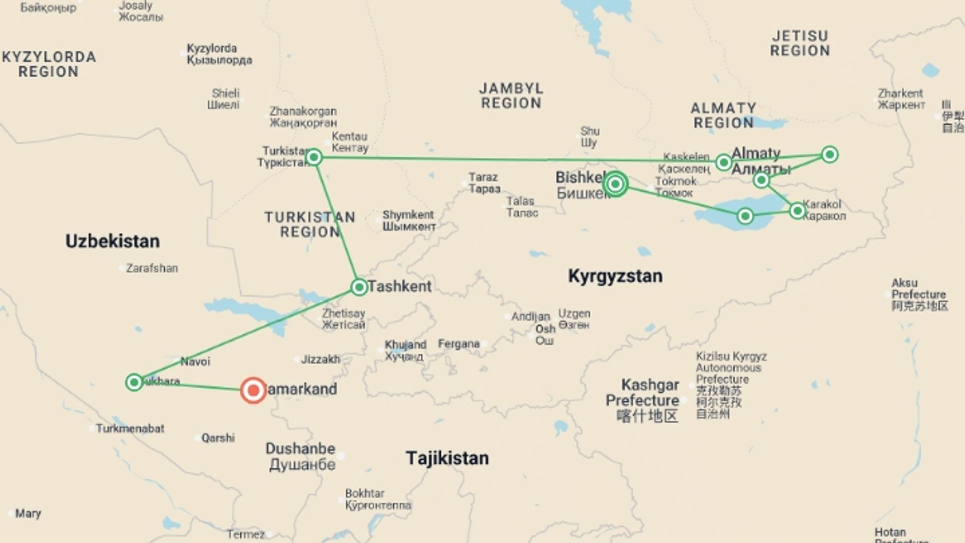 A map showing the tour itinerary for the trip: The Three Stans of The Silk Road, starting in Bishkek, Kyrgyzstan and ending in Samarkand, Uzbekistan going through 7 other destinations.