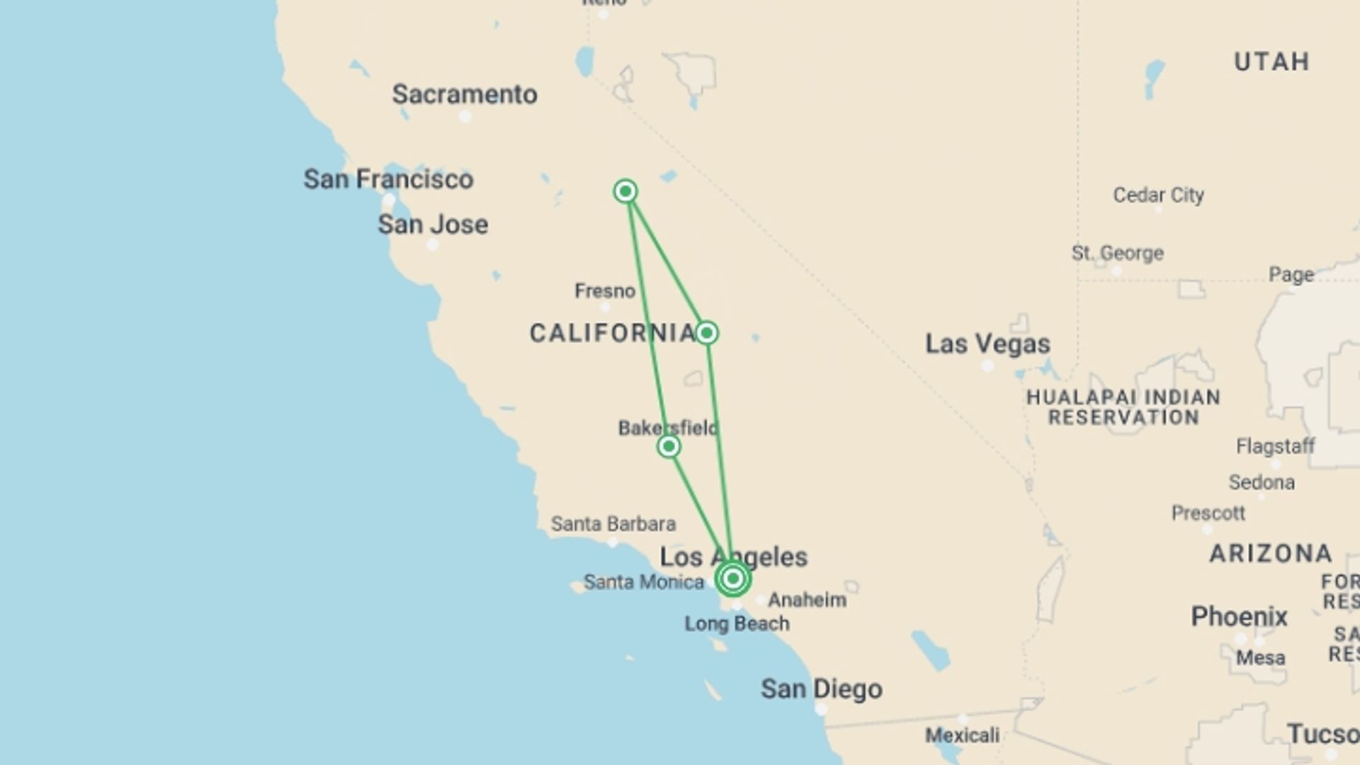 A map showing the tour itinerary for the trip: Los Angeles, Yosemite, and Giant Sequoia, starting in Los Angeles, USA and ending in Los Angeles, USA going through 3 other destinations.