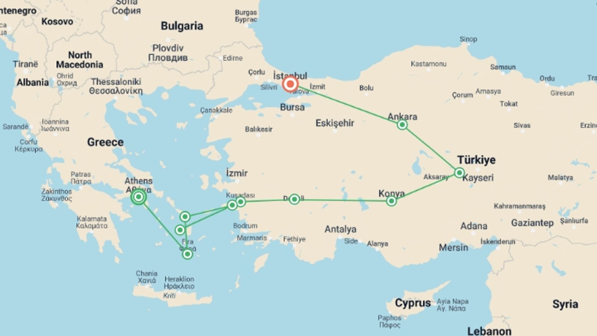A map showing the tour itinerary for the trip: Colours of Mediterranean Tour, starting in Athens, Greece and ending in Istanbul, Turkey going through 10 other destinations.