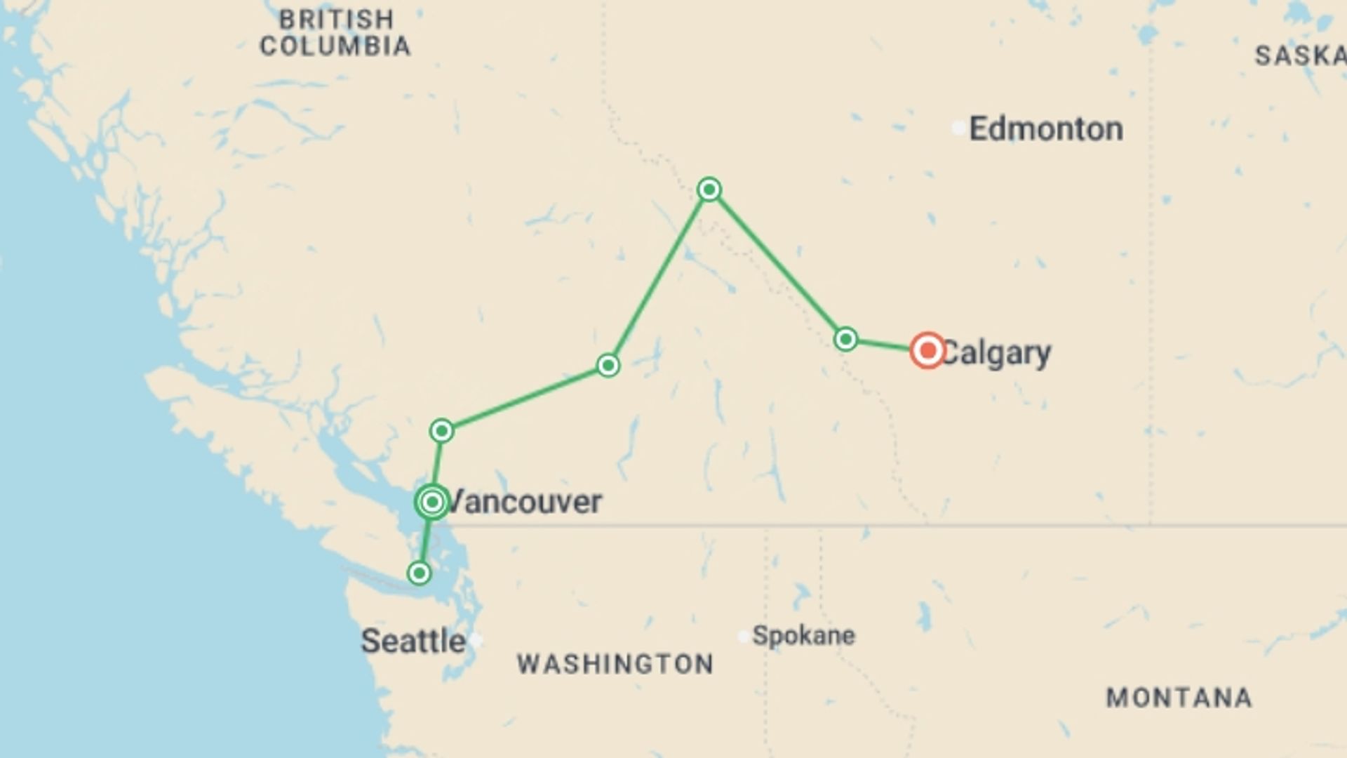 A map showing the tour itinerary for the trip: Grand Canadian Rockies, starting in Vancouver, Canada and ending in Calgary, Canada going through 6 other destinations.