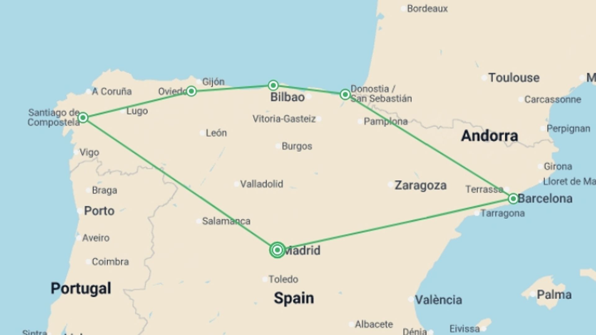 A map showing the tour itinerary for the trip: Northern Spain, starting in Madrid, Spain and ending in Madrid, Spain going through 5 other destinations.