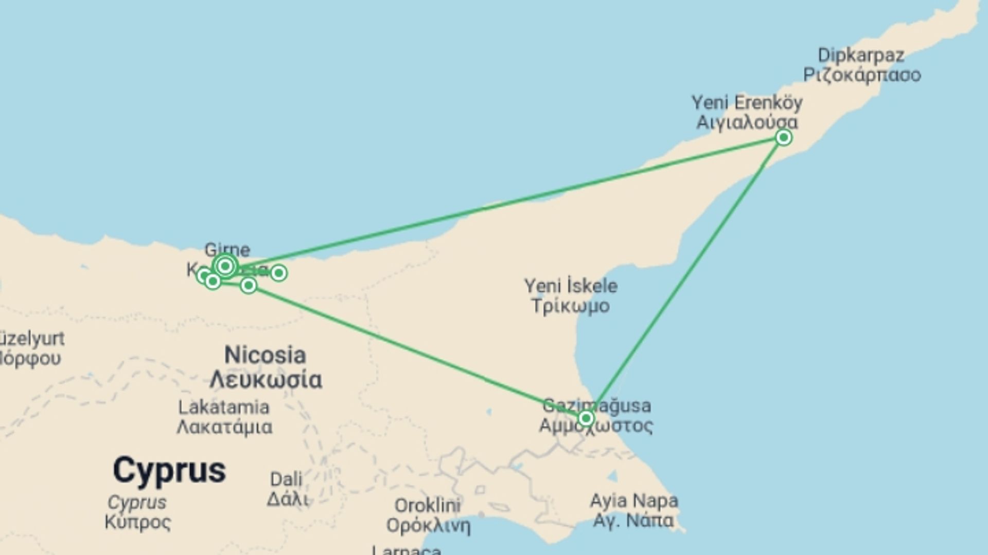 A map showing the tour itinerary for the trip: Walking in North Cyprus, starting in Kyrenia, Cyprus and ending in Kyrenia, Cyprus going through 6 other destinations.