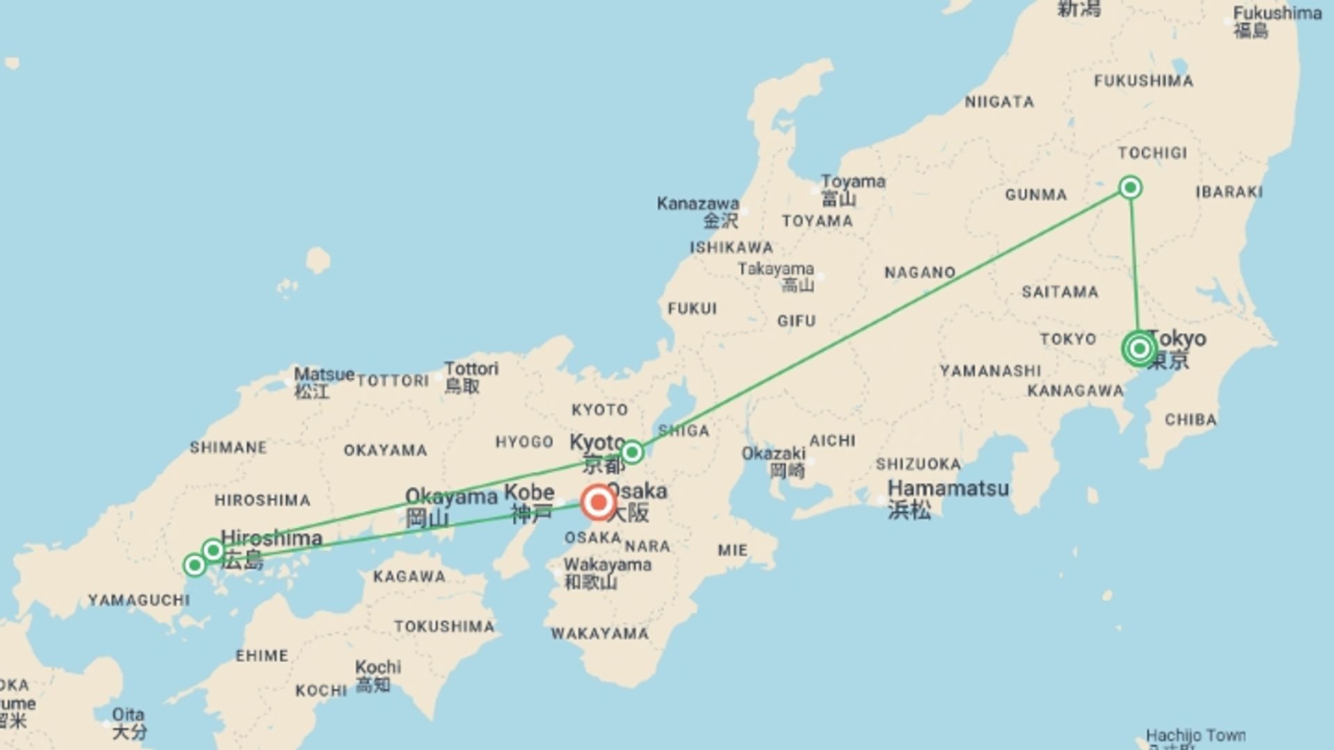 A map showing the tour itinerary for the trip: Highlights of Japan, starting in Tokyo, Japan and ending in Osaka, Japan going through 3 other destinations.