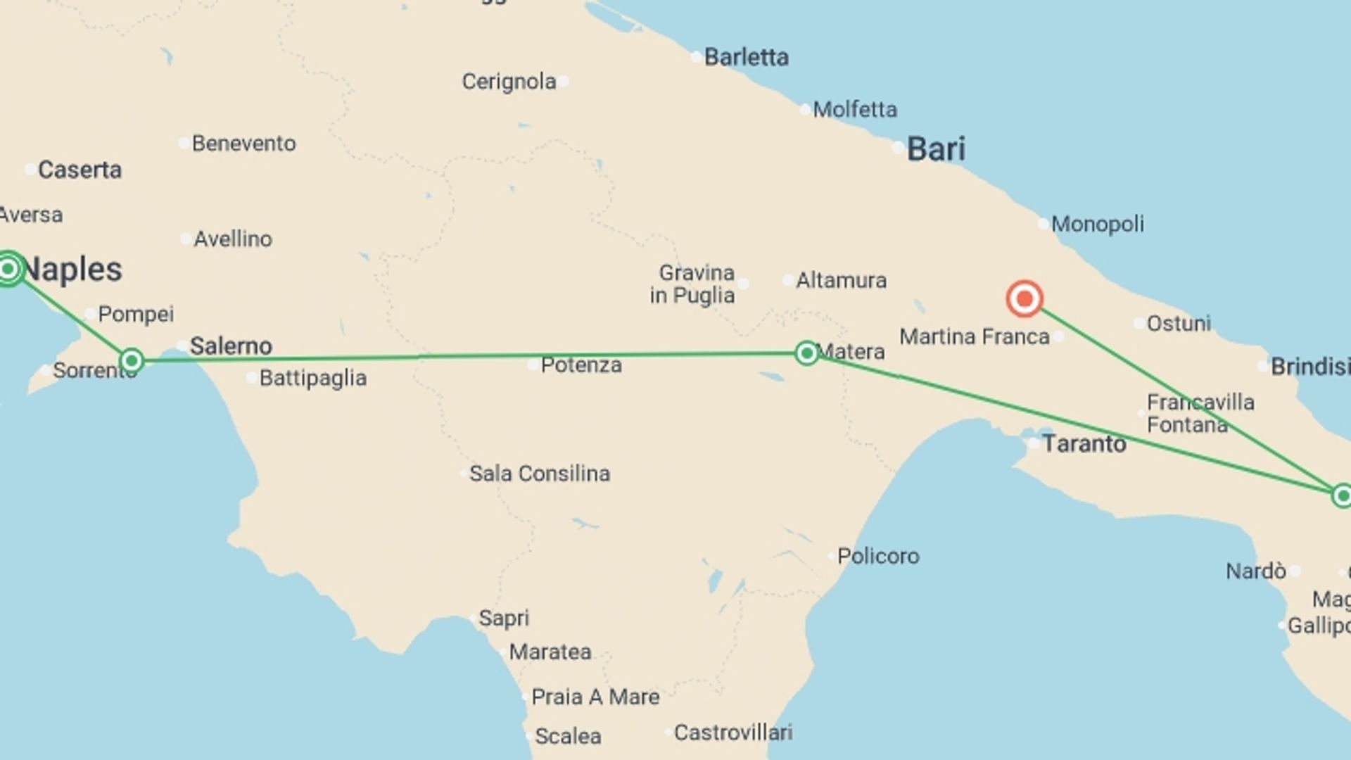 A map showing the tour itinerary for the trip: Italy: Amalfi Coast to Puglia , starting in Naples, Italy and ending in Alberobello, Italy going through 5 other destinations.