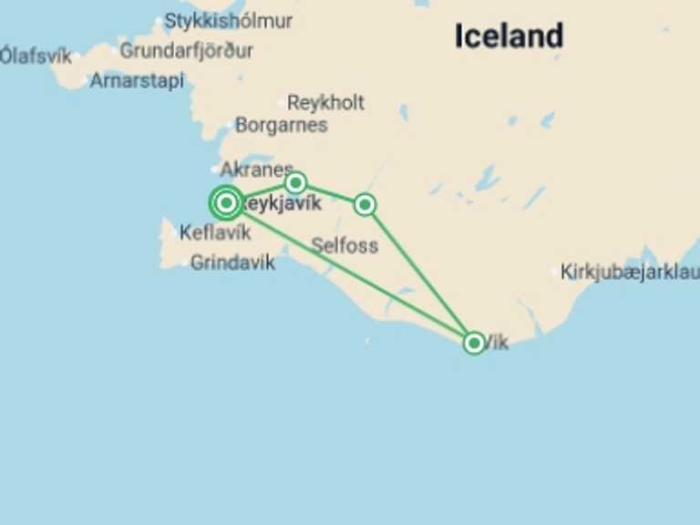 Map itinerary of Europe Tour in January 2027 with 4 destination visits for the trip: Scenic Iceland and the Northern Lights