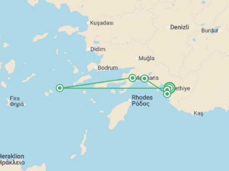 Map of Mediterranean Tour with 6 destination visits for the trip: Turkey: Sail & Swim