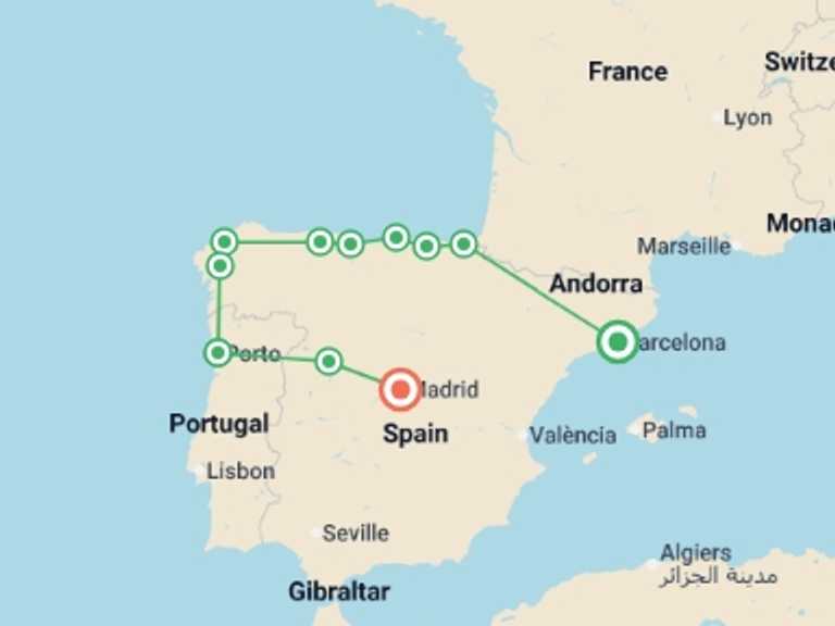 Map itinerary of Europe Tour in May 2026 with 9 destination visits for the trip: 8 Day North Of Spain Guided Tour From Barcelona (c-782)