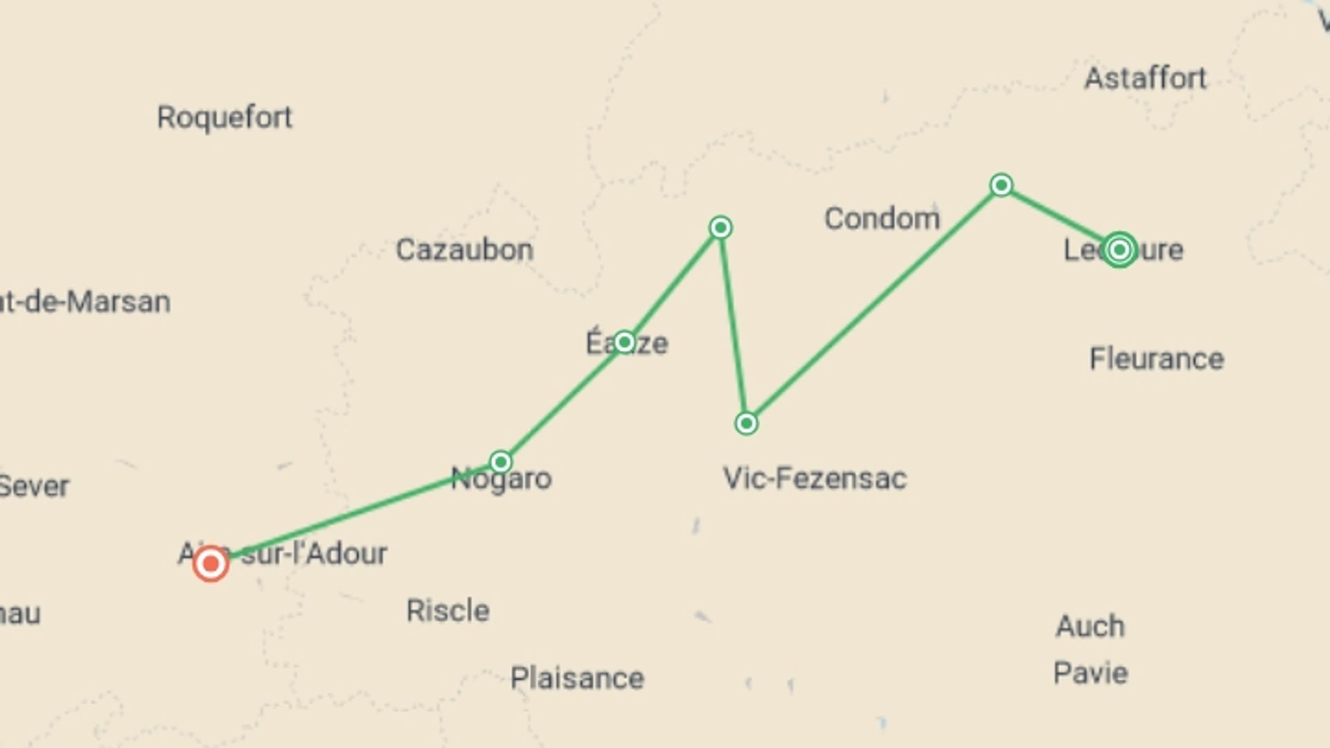 A map showing the tour itinerary for the trip: Le Puy Camino - Lectoure to Aire sur l'Adour, starting in Lectoure, France and ending in Aire Sur L'adour, France going through 7 other destinations.