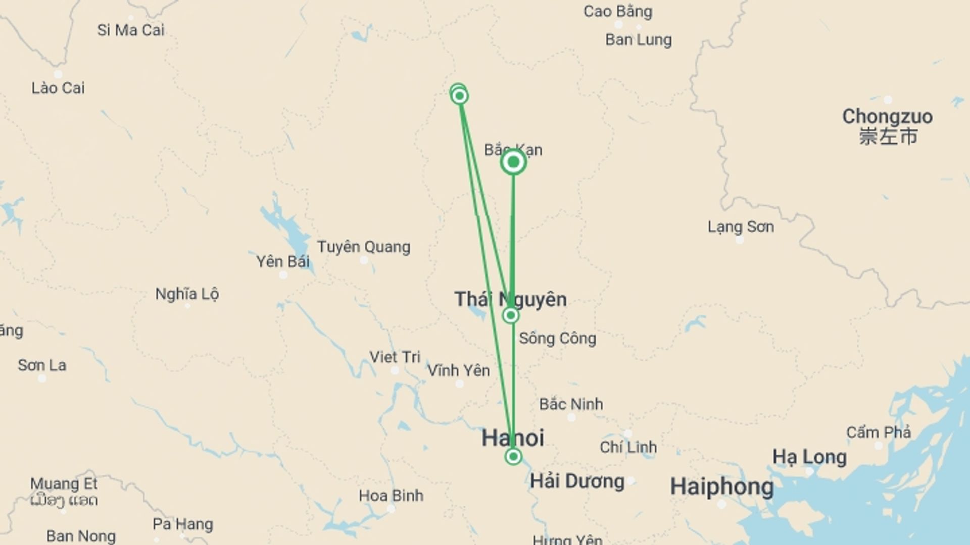 A map showing the tour itinerary for the trip: Lo Mo Cave Expedition 3 Days 2 Nights, starting in Bac Kan, Vietnam and ending in Bac Kan, Vietnam going through 2 other destinations.