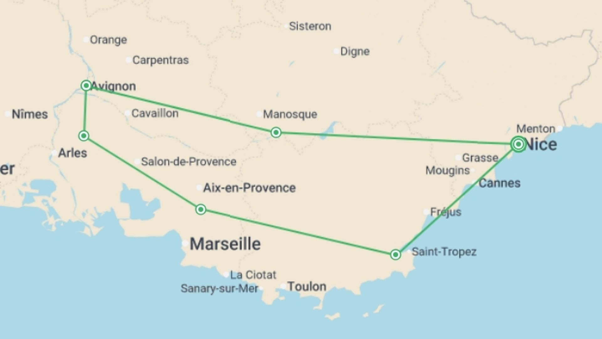 A map showing the tour itinerary for the trip: Provence and the French Riviera, starting in Nice, France and ending in Nice, France going through 5 other destinations.