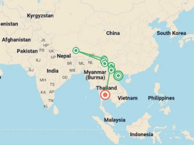Map itinerary of Lijiang Tour in July 2027 with 11 destination visits for the trip: Vietnam, China & Laos Adventure