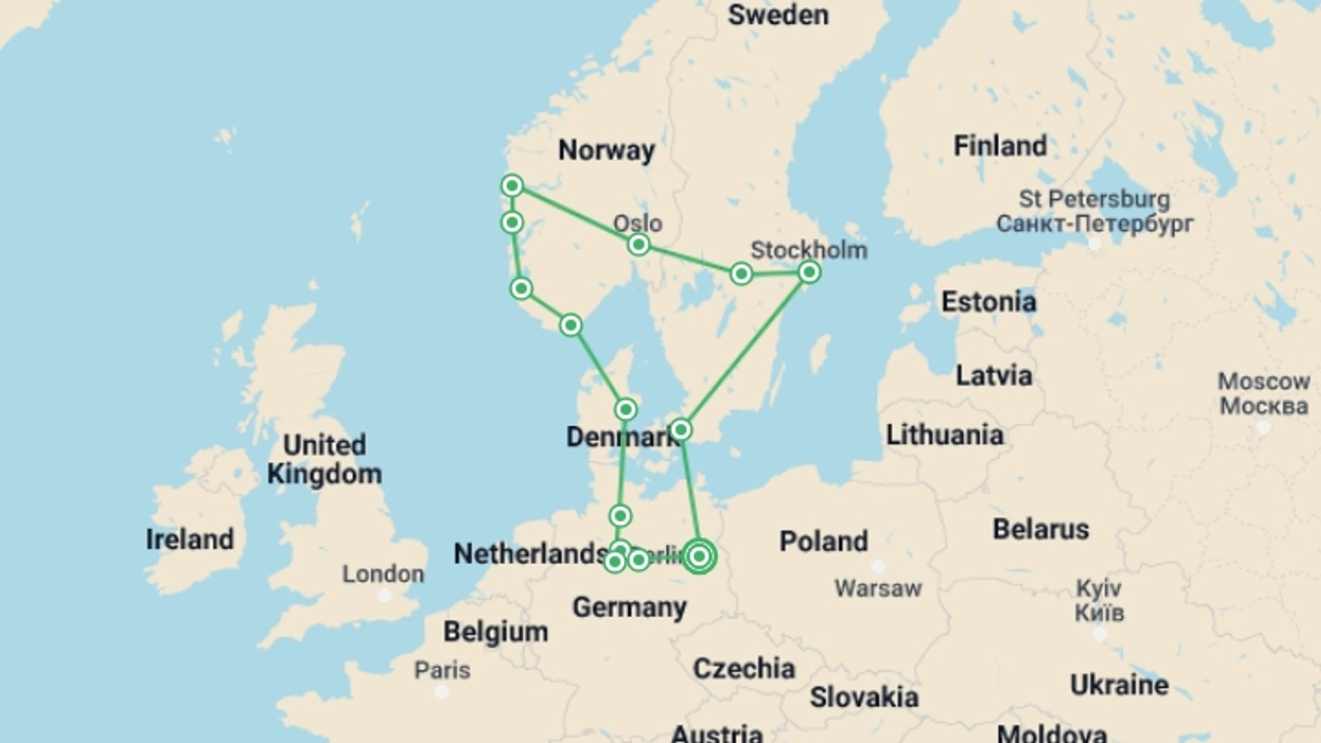 A map showing the tour itinerary for the trip: Northern Germany and Scandinavia with Berlin, starting in Berlin, Germany and ending in Berlin, Germany going through 7 other destinations.