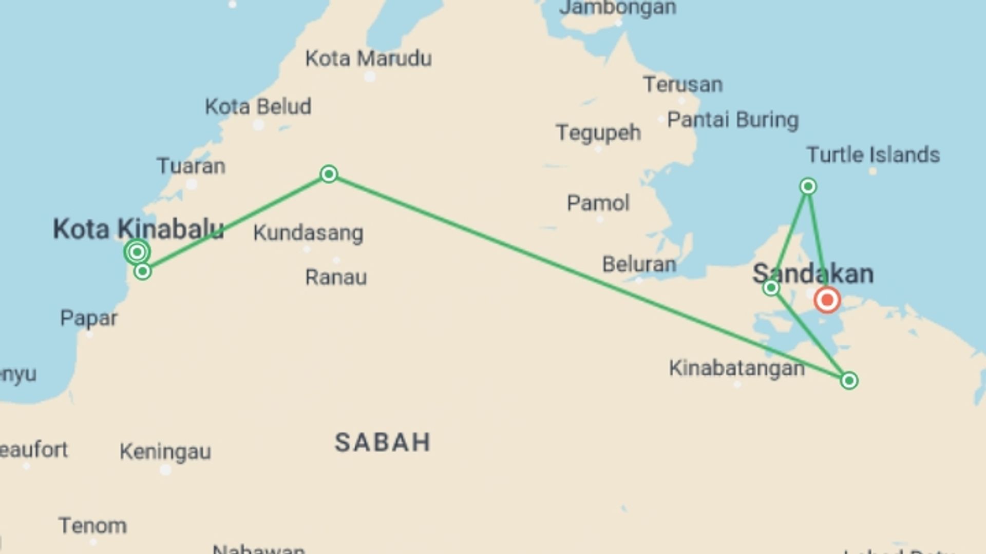 A map showing the tour itinerary for the trip: Sabah Adventure, starting in Kota Kinabalu, Malaysia and ending in Sandakan, Malaysia going through 5 other destinations.