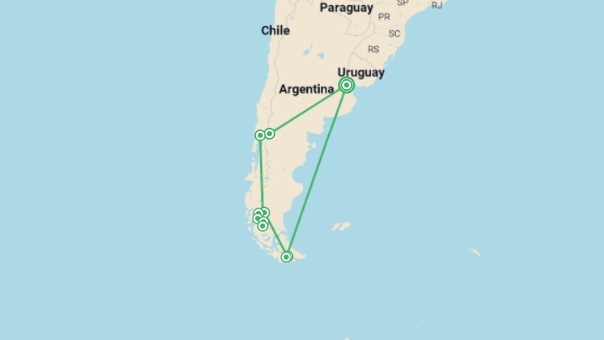 A map showing the tour itinerary for the trip: Sightseeing in Argentine & Chilean Patagonia, starting in Buenos Aires, Argentina and ending in Buenos Aires, Argentina going through 10 other destinations.