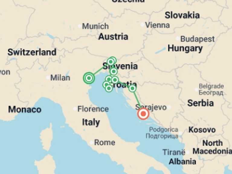 Map itinerary of Europe Tour in Fall with 6 destination visits for the trip: Gondolas, Lakes & Split - 9 Days