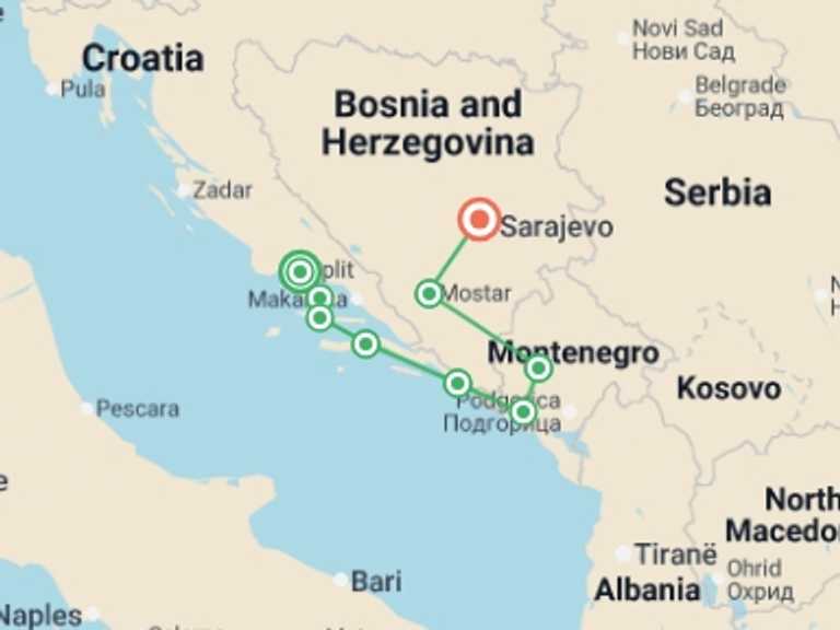 Map of a Adventure and sport Tour with 9 destination visits for the trip: Cycle Croatia & the Balkans