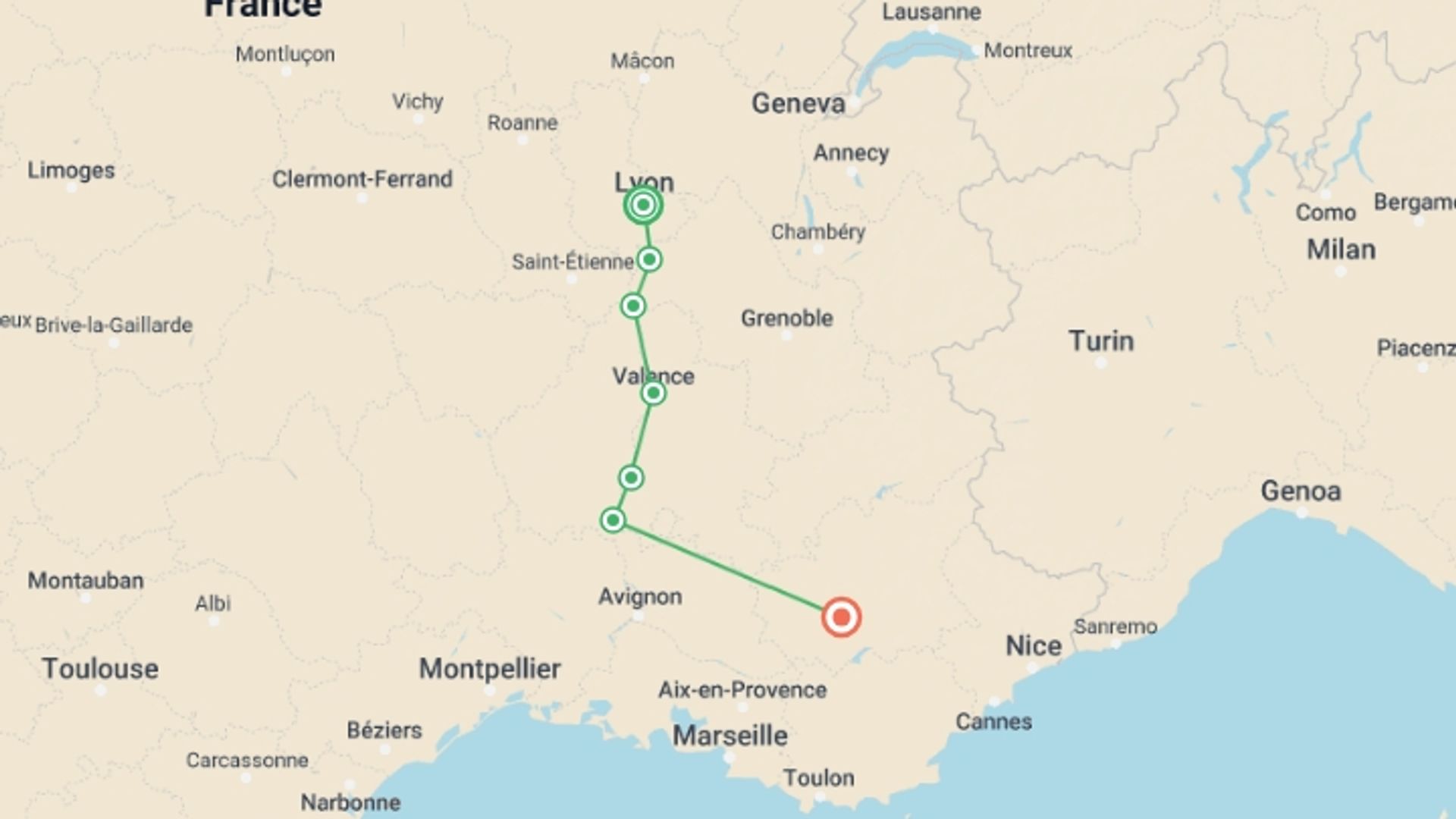 A map showing the tour itinerary for the trip: Via Rhôna Cycle Path: Lyon to Provence, starting in Lyon, France and ending in Provence, France going through 5 other destinations.