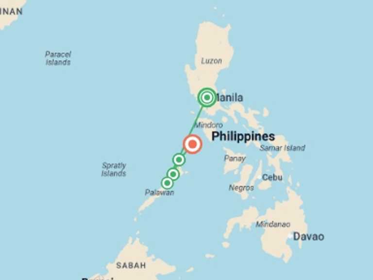 Map of Philippines Tour with 4 destination visits for the trip: Philippines: Snorkel & Stargaze