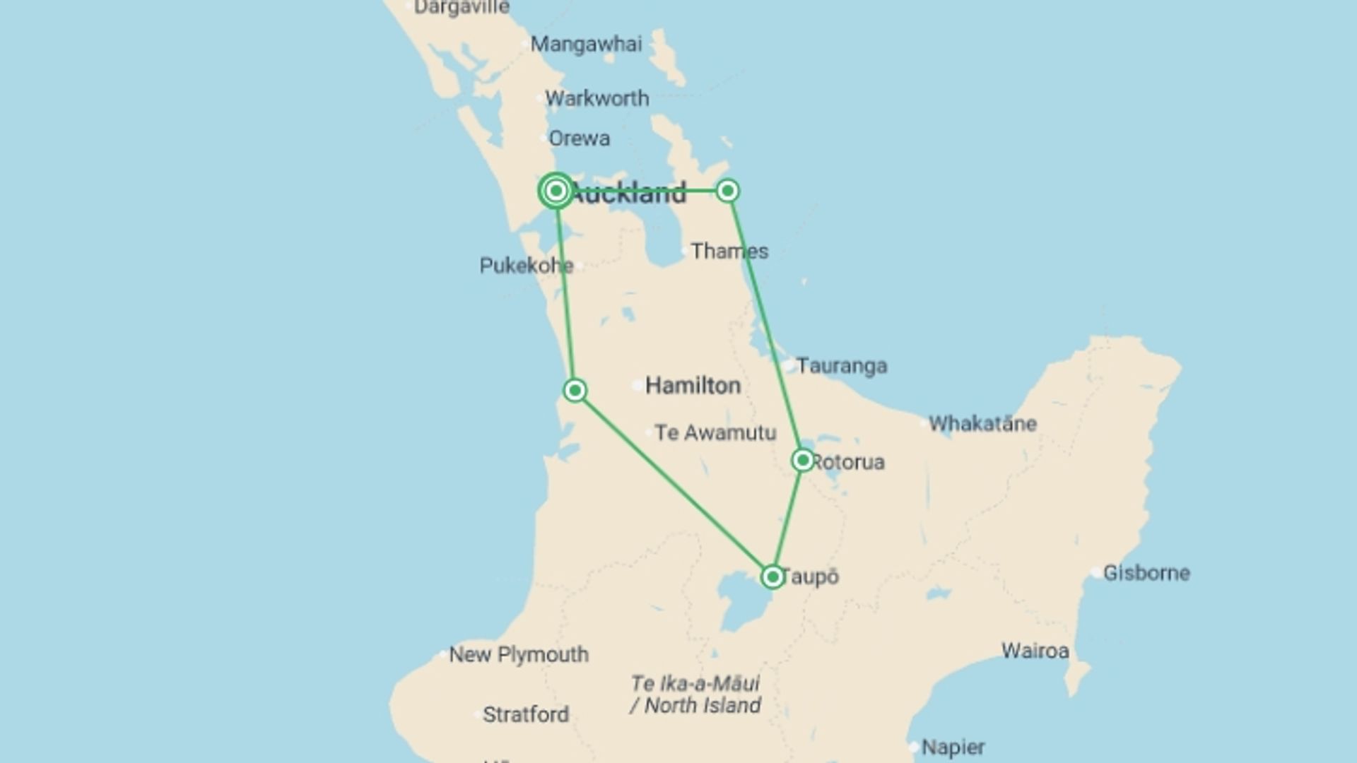 A map showing the tour itinerary for the trip: Budget North Island Adventure - 7 days, starting in Auckland, New Zealand and ending in Auckland, New Zealand going through 4 other destinations.