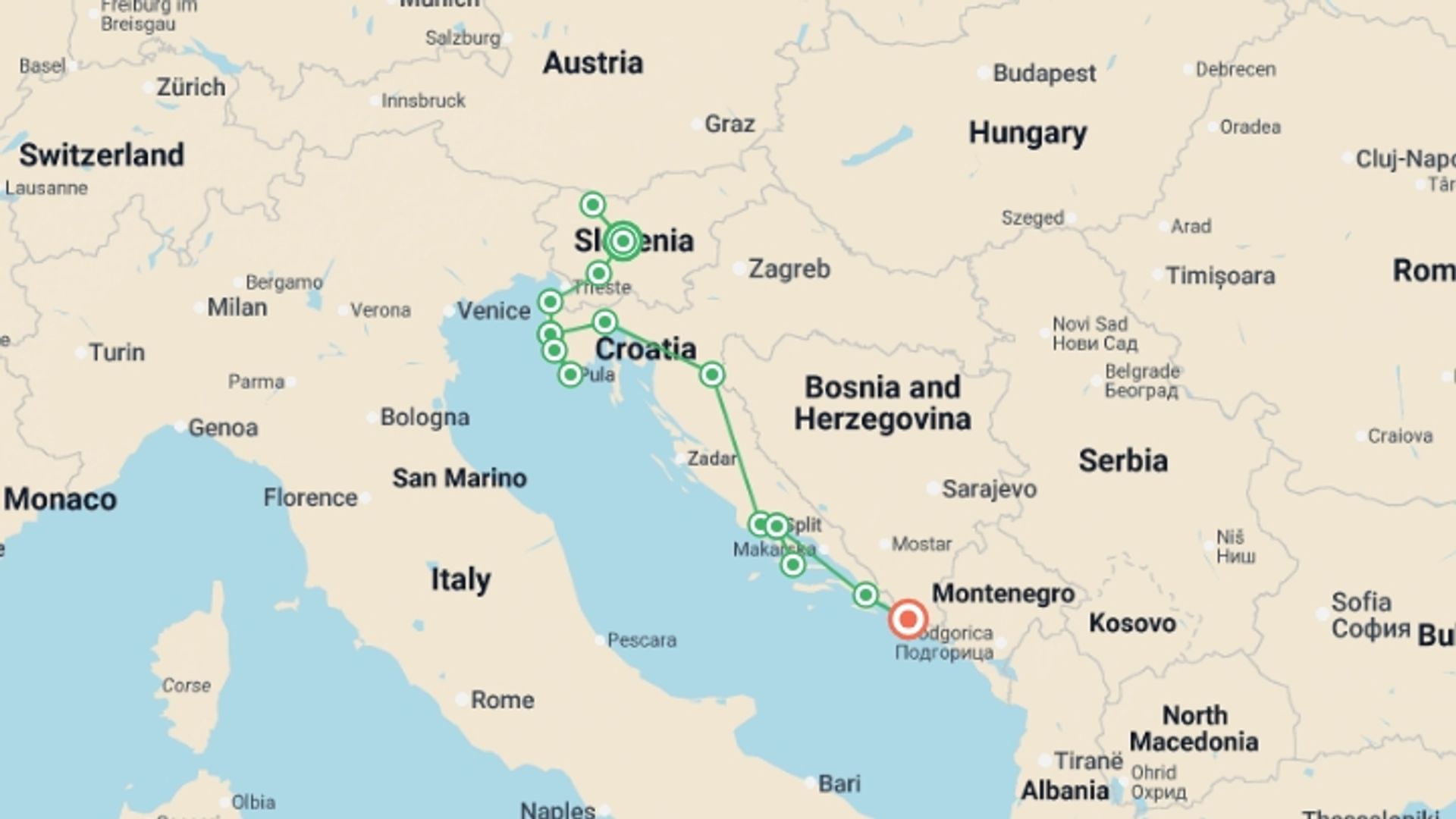 A map showing the tour itinerary for the trip: Ljubljana to Dubrovnik Superior - 11 days, starting in Ljubljana, Slovenia and ending in Dubrovnik, Croatia going through 4 other destinations.
