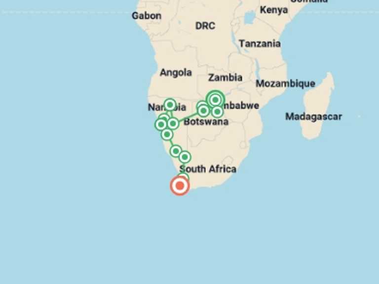 Map of Windhoek Wildlife Tour with 14 destination visits for the trip: 19-day Victoria Falls to Cape Town Camping