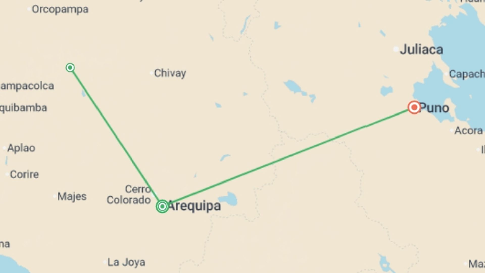 A map showing the tour itinerary for the trip: 2-Day Colca Canyon Trek and transfer to Puno - Shared Room, starting in Arequipa, Peru and ending in Puno, Peru going through 0 other destinations.