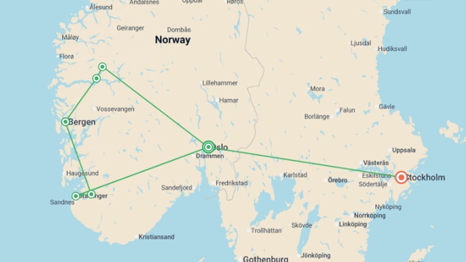 A map showing the tour itinerary for the trip: Magic of the Fjords Encompassed - 12 days, starting in Oslo, Norway and ending in Stockholm, Sweden going through 5 other destinations.