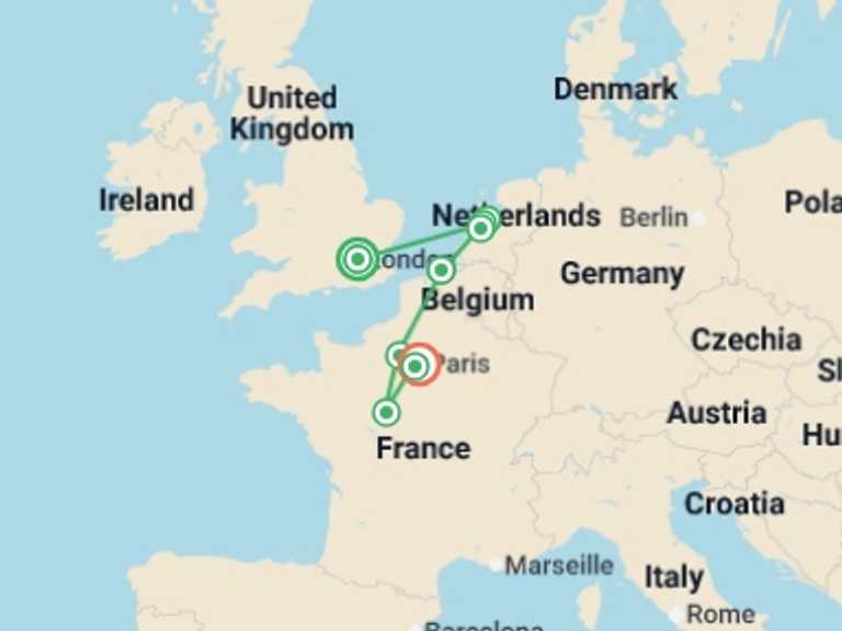 Map of London Art and architecture Tour with 7 destination visits for the trip: European Affair and Chelsea Flower Show