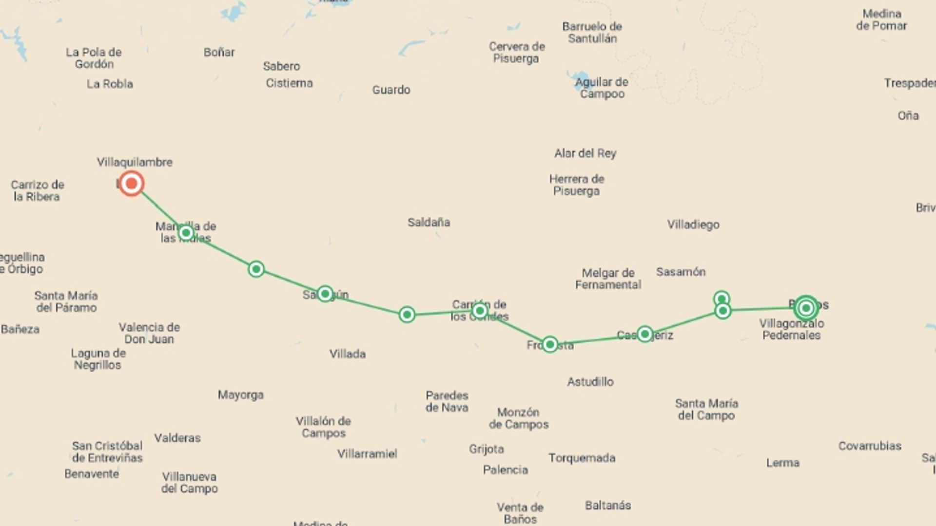 A map showing the tour itinerary for the trip: Camino - Burgos to Leon, starting in Burgos, Spain and ending in Leon, Spain going through 8 other destinations.