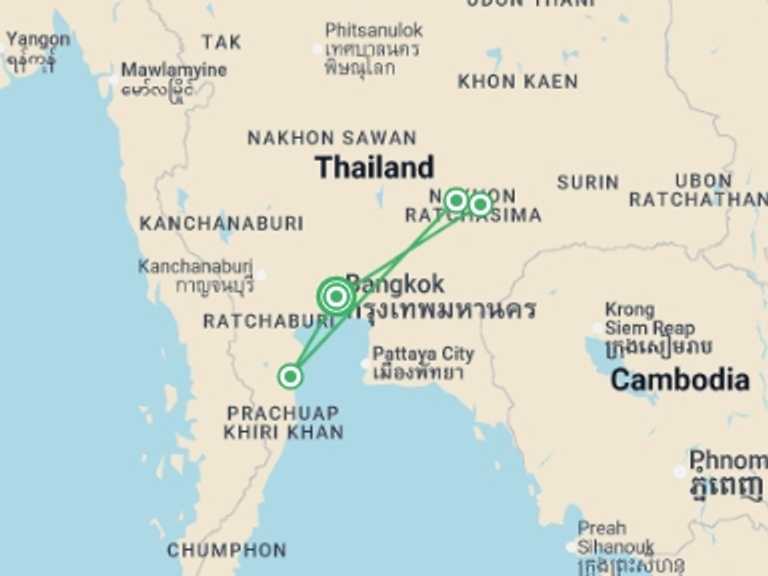Map of Thailand Natural landmarks sightseeing Tour with 4 destination visits for the trip: Treasures of Thailand - 5 days