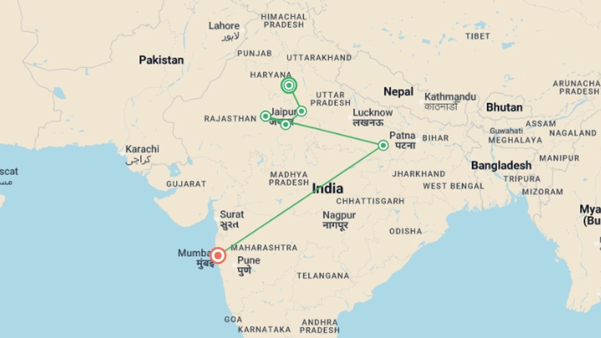 A map showing the tour itinerary for the trip: Delhi to Mumbai - 10 days, starting in New Delhi, India and ending in Mumbai, India going through 5 other destinations.