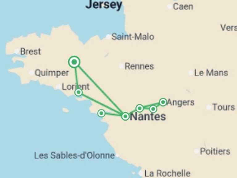 Map of 8-Day France Tour with 6 destination visits for the trip: Beautiful Brittany and Royal Opulence in the Loire (port-to-port cruise)