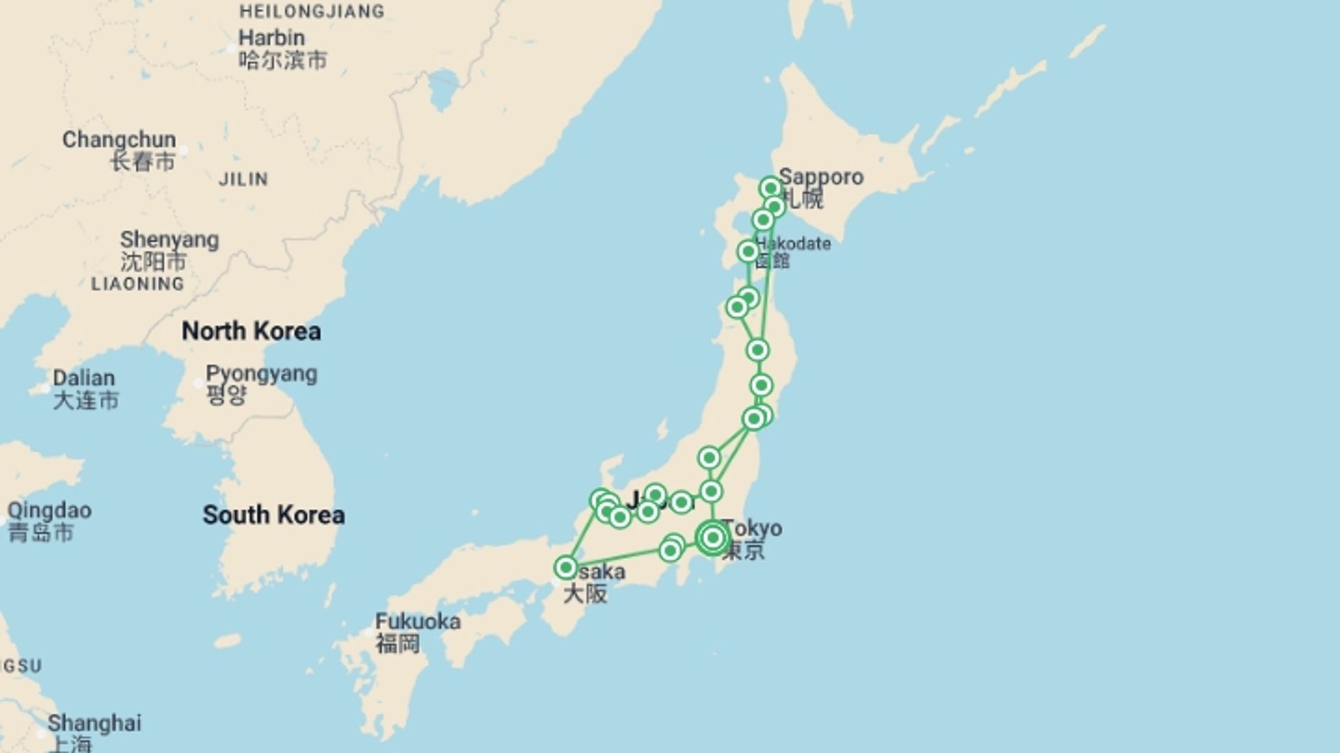 A map showing the tour itinerary for the trip: Journey to the Heart of Japan, starting in Tokyo, Japan and ending in Tokyo, Japan going through 12 other destinations.