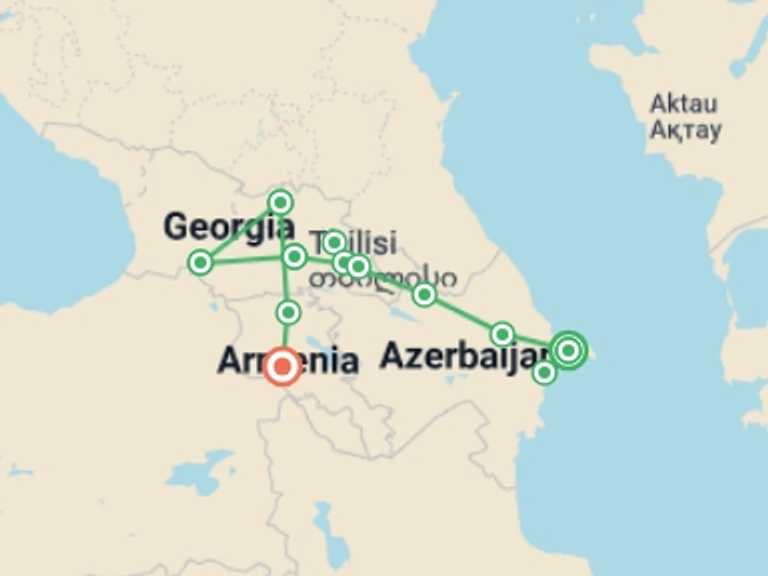 Map of a Sightseeing, attractions, culture and history Tour with 8 destination visits for the trip: Premium Azerbaijan, Georgia & Armenia