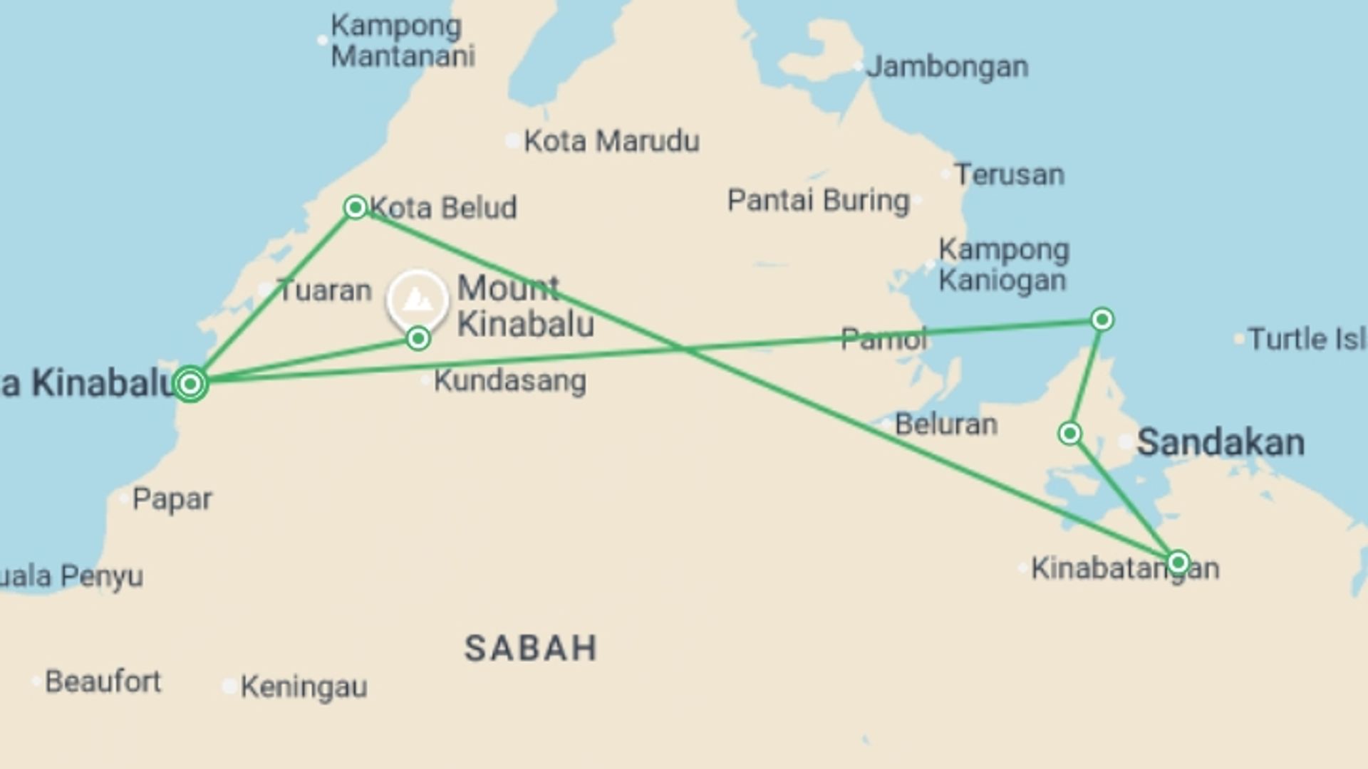 A map showing the tour itinerary for the trip: Highlights of Sabah & Mt Kinabalu, starting in Kota Kinabalu, Malaysia and ending in Kota Kinabalu, Malaysia going through 5 other destinations.