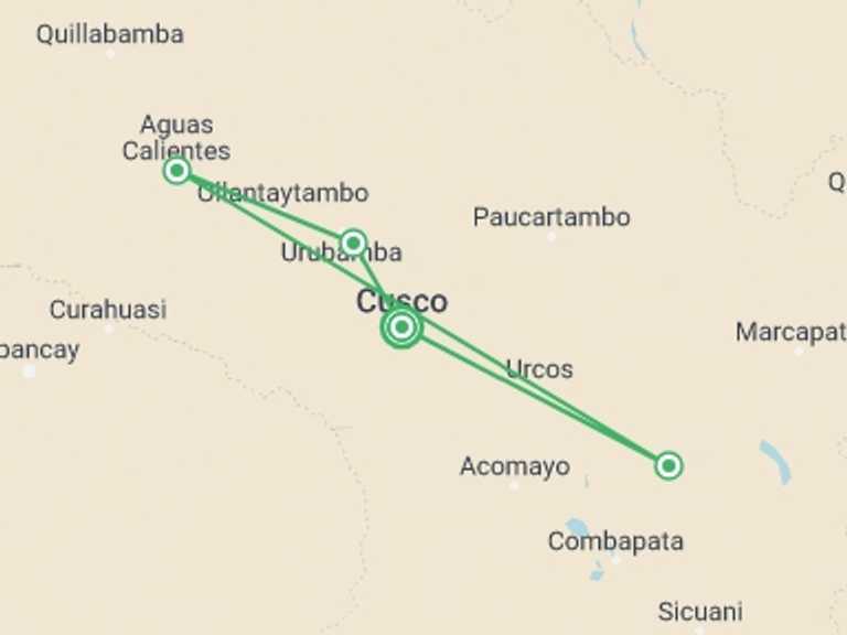Map of Peru Tour with 4 destination visits for the trip: 5-Day Journey of Colors