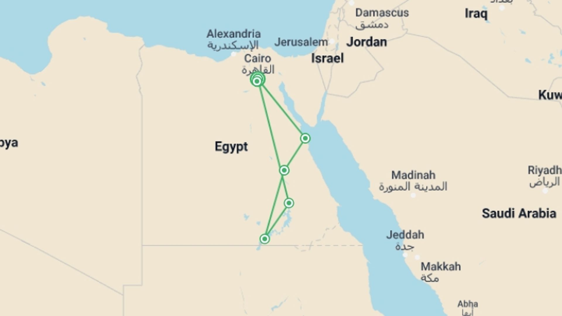 A map showing the tour itinerary for the trip: Egypt Nile Adventure with Felucca Cruise, starting in cairo airport, Egypt and ending in Cairo, Egypt going through 4 other destinations.